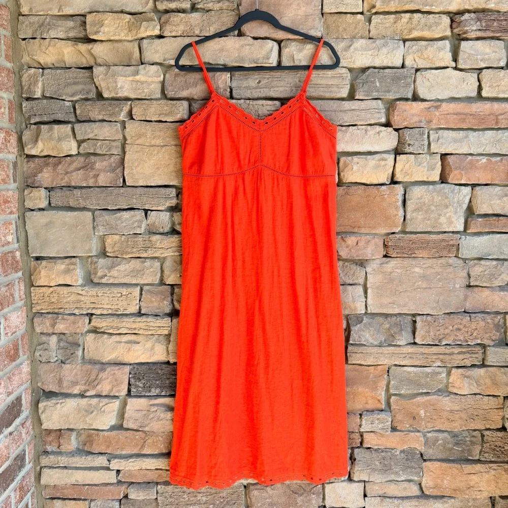 Gap L Linen Blend Orange Eyelet Trim Maxi Slip Dress Coastal Cottage Vacation - Picture 3 of 14